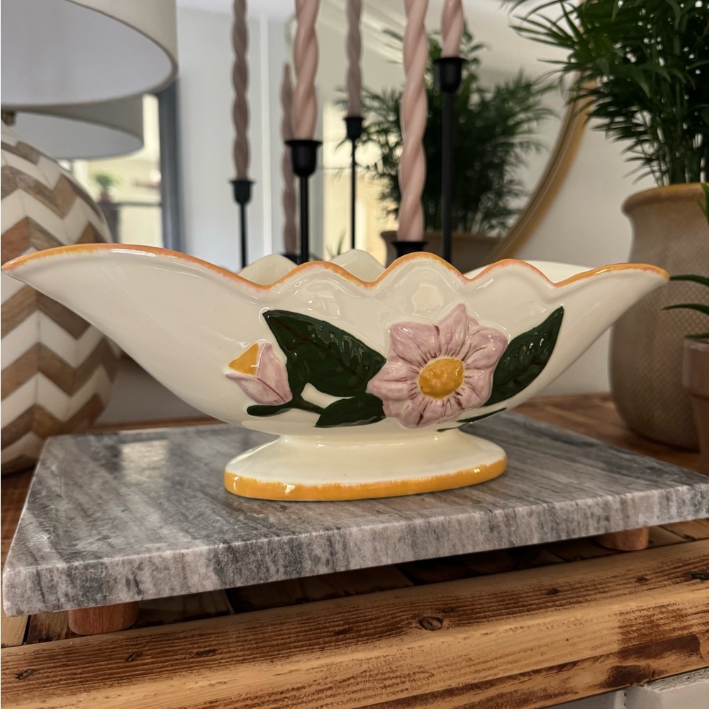Floral Ceramic Bowl with Pink and Green Accents